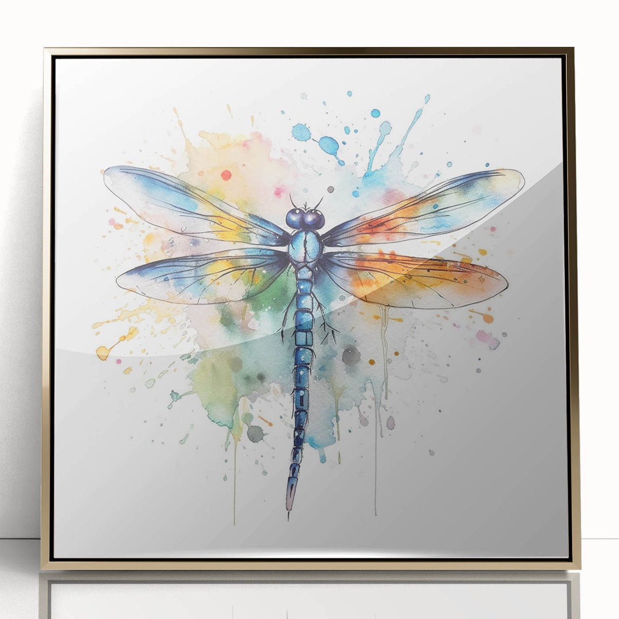 Framed wall art featuring a dragonfly design, showcasing intricate details in vibrant colors with a gold-acrylic finish, perfect for enhancing home decor.