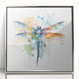 Framed wall art featuring a detailed dragonfly design in vibrant colors, set in a sleek silver frame, perfect for nature enthusiasts and home decor.