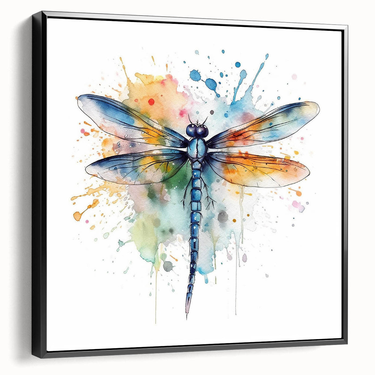 Framed wall art featuring a detailed dragonfly design in vibrant colors against a black background, showcasing intricate patterns ideal for modern decor.