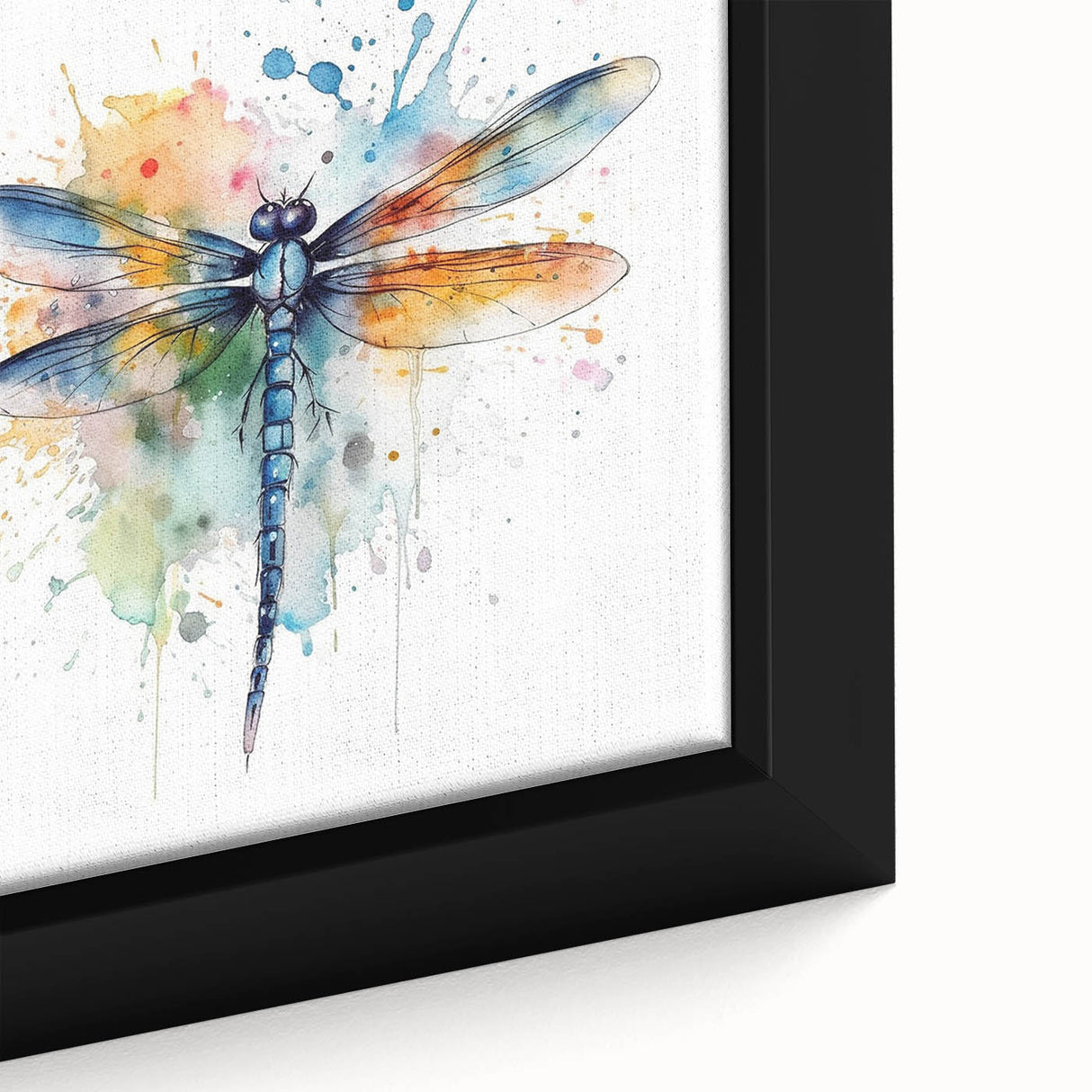 Close-up of a framed canvas wall art featuring a vibrant dragonfly design, showcasing intricate details and colors that evoke nature's beauty, ideal for home decor.