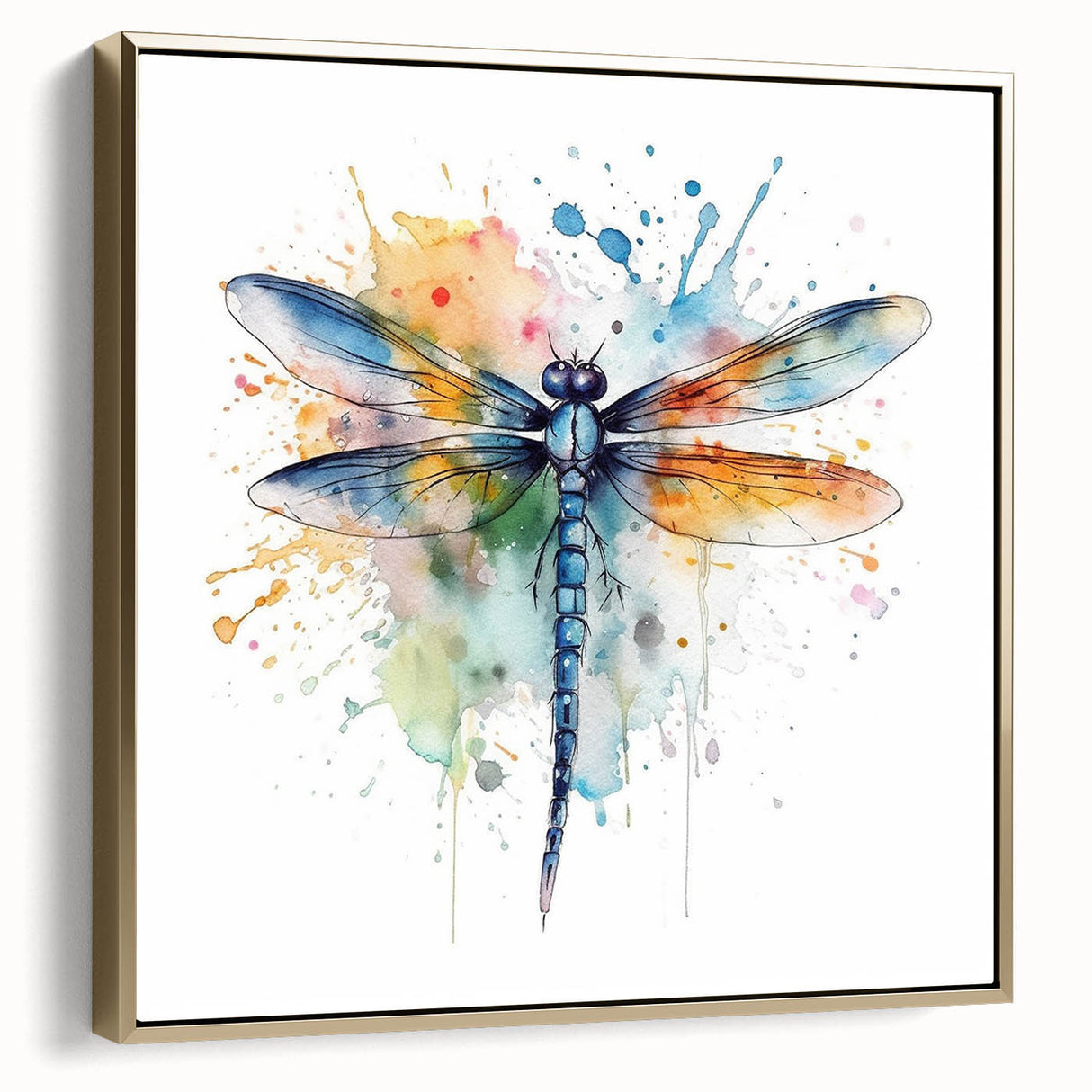 Framed wall art featuring a vibrant dragonfly design, beautifully rendered on canvas with gold accents, showcasing intricate details and a modern aesthetic. Ideal for enhancing decor in contemporary spaces.