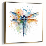 Framed wall art featuring a vibrant dragonfly design, beautifully rendered on canvas with gold accents, showcasing intricate details and a modern aesthetic. Ideal for enhancing decor in contemporary spaces.
