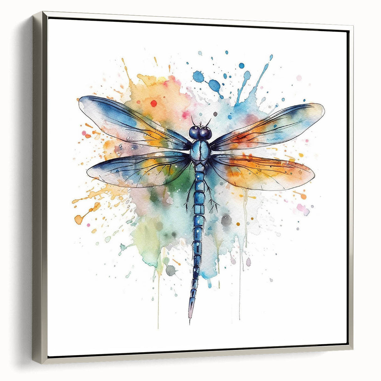 Framed wall art showcasing a detailed dragonfly design on canvas, featuring a silver frame, ideal for modern decor, adding elegance to any space.