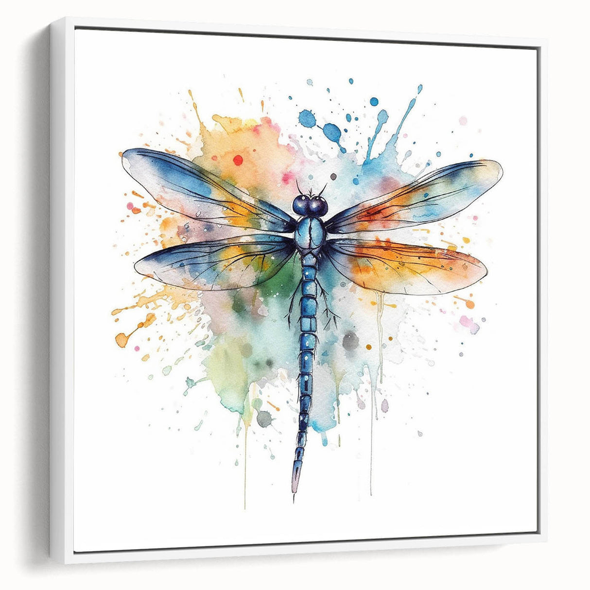 Framed wall art featuring a detailed dragonfly design in vibrant colors on a white background, ideal for adding a touch of nature-inspired elegance to home decor.