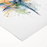 Vibrant dragonfly wall art design on rolled canvas, showcasing intricate details and vivid colors, ideal for nature-themed decor and art enthusiasts.