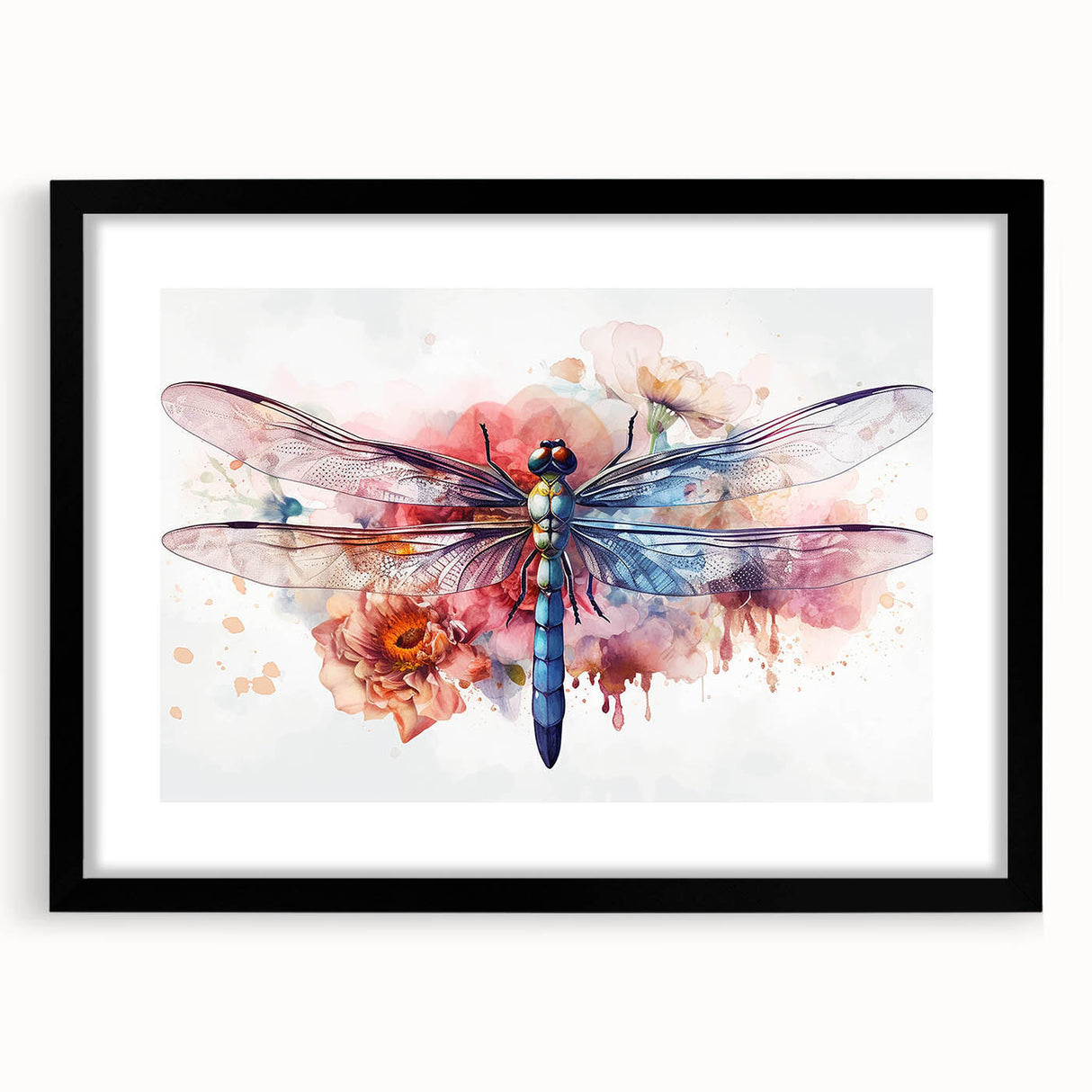 Dragonfly wall art collection framed in black with a mat, showcasing intricate insect and arachnid designs, perfect for nature-inspired decor.