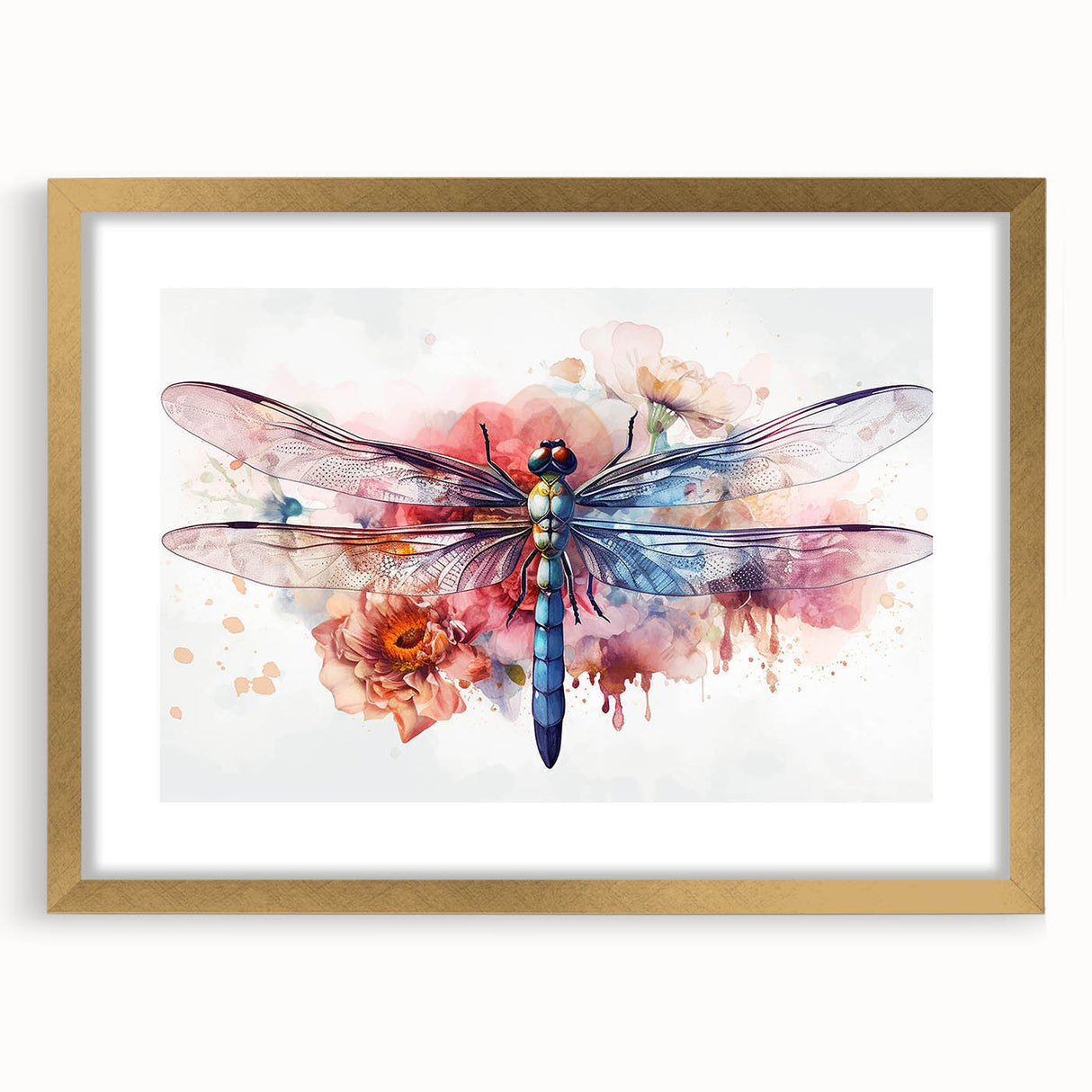 Gold-framed wall art featuring a detailed dragonfly design, showcasing intricate insect and arachnid illustrations, perfect for nature-themed decor.