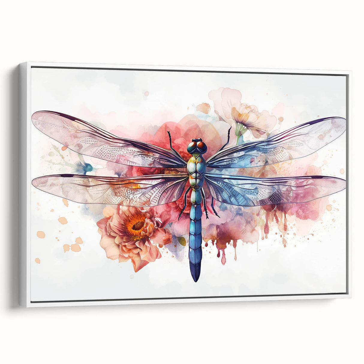 Framed canvas wall art showcasing a detailed dragonfly design in vibrant colors, set against a white background, ideal for nature-themed decor or insect enthusiasts.