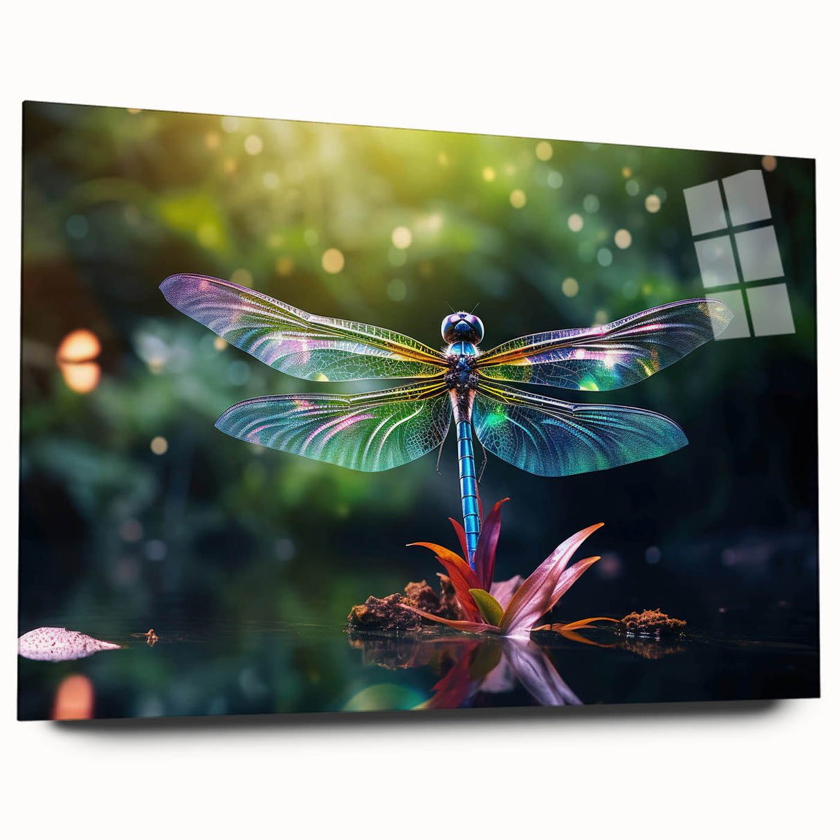 Acrylic wall art featuring a detailed dragonfly design, showcasing intricate patterns and vibrant colors, perfect for nature-inspired decor and modern interiors.