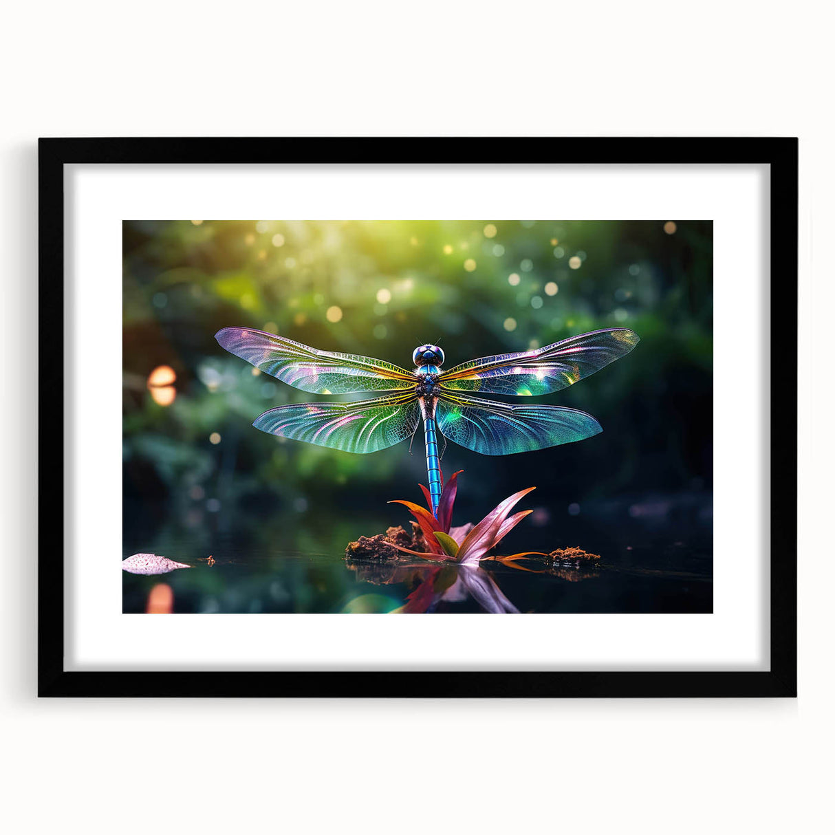 Framed wall art featuring a detailed dragonfly design in black, showcasing intricate insect and arachnid elements, perfect for nature enthusiasts.