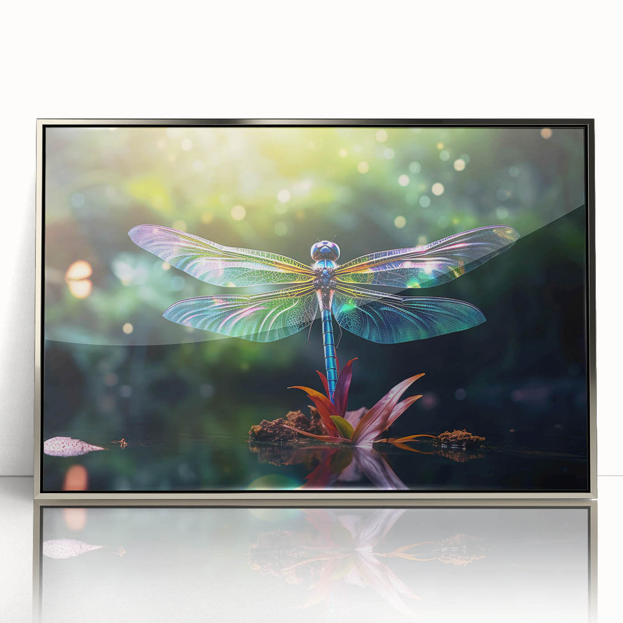 Framed wall art featuring a vibrant dragonfly design, showcasing intricate details and silver accents, perfect for enhancing modern home decor.