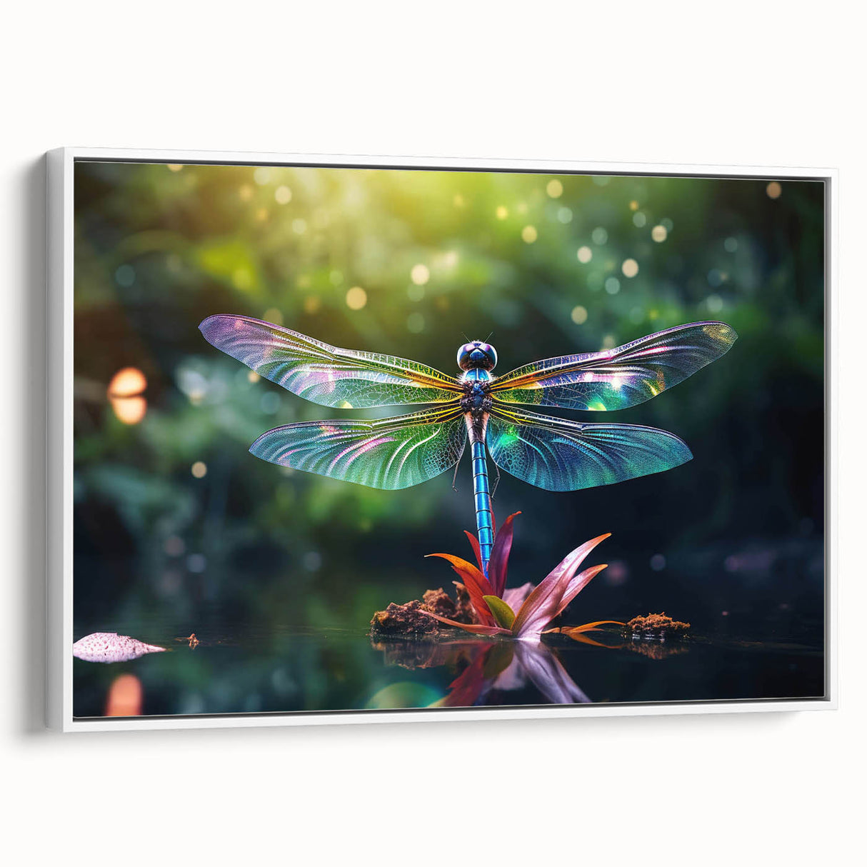 Framed wall art showcasing a dragonfly design, featuring intricate details in vibrant colors against a white background, perfect for nature-inspired decor.