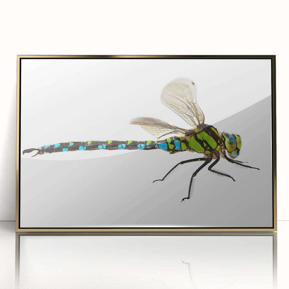 Framed wall art featuring a vibrant dragonfly design in gold acrylic, showcasing intricate details and textures, perfect for adding elegance to home decor.