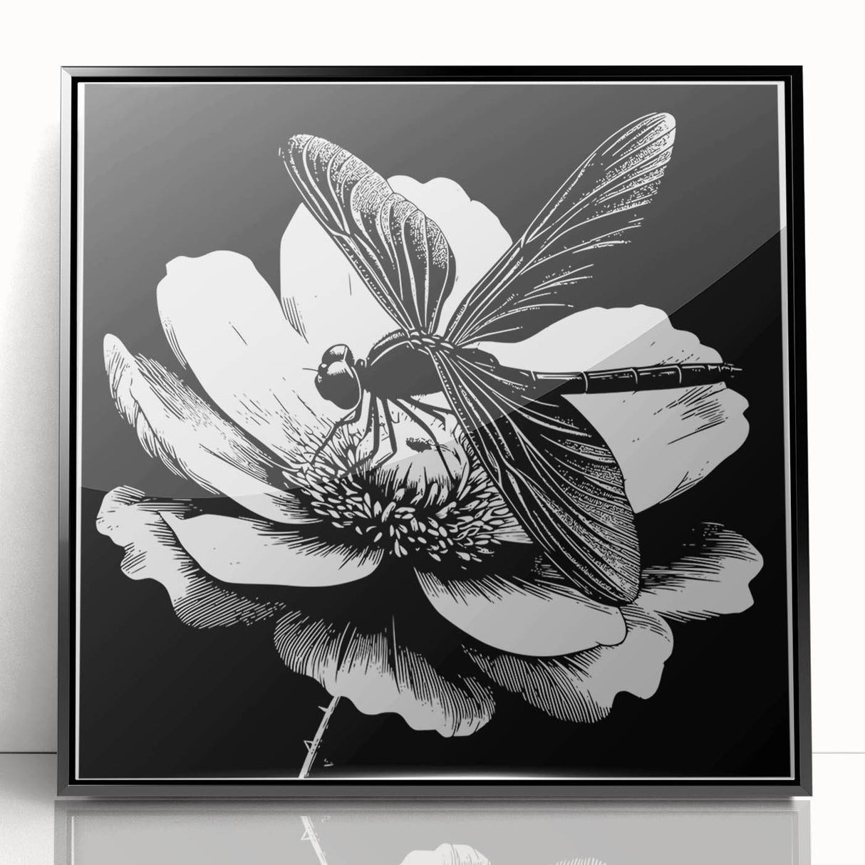Framed wall art featuring a detailed dragonfly design with vibrant colors on a black background, showcasing intricate patterns and textures, perfect for nature enthusiasts.