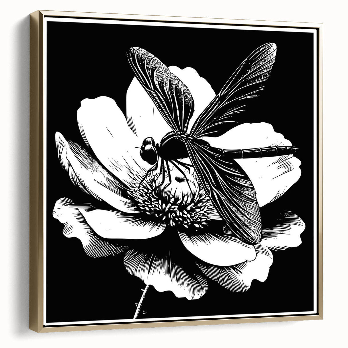Framed wall art featuring a detailed dragonfly design on a textured canvas, showcasing gold accents and a side view perspective, perfect for nature-inspired decor.