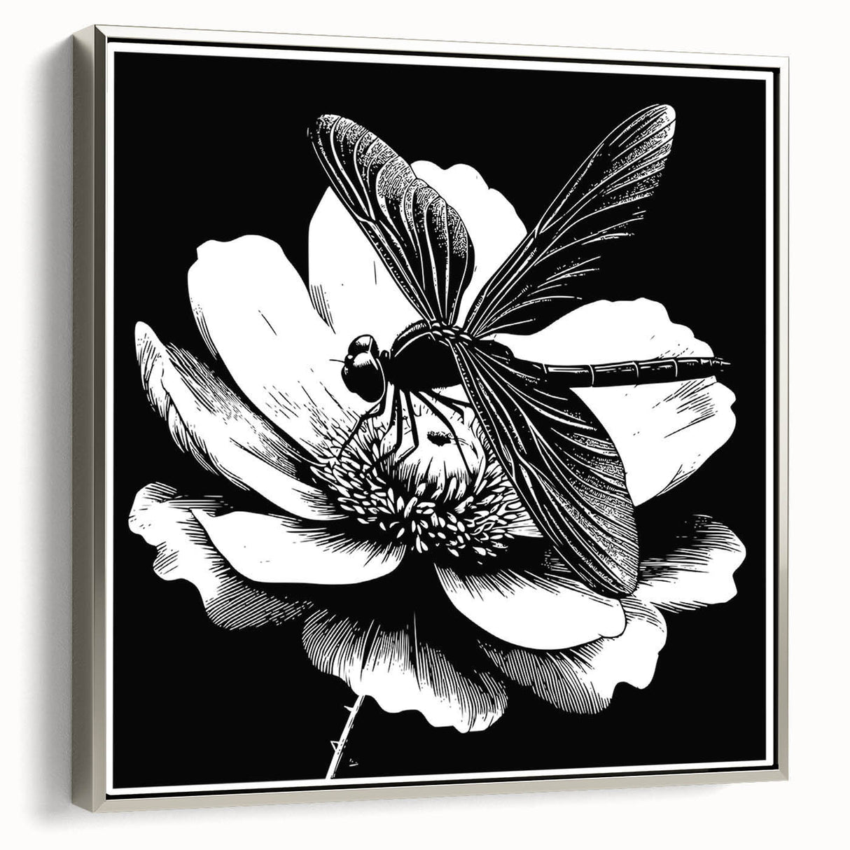 Framed wall art featuring a detailed dragonfly design on a silver background, showcasing vibrant colors and intricate patterns, perfect for nature-inspired decor.