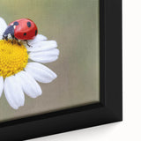 Close-up of a vibrant ladybug design on a framed canvas wall art piece, showcasing intricate details and vivid colors, perfect for nature-themed decor.