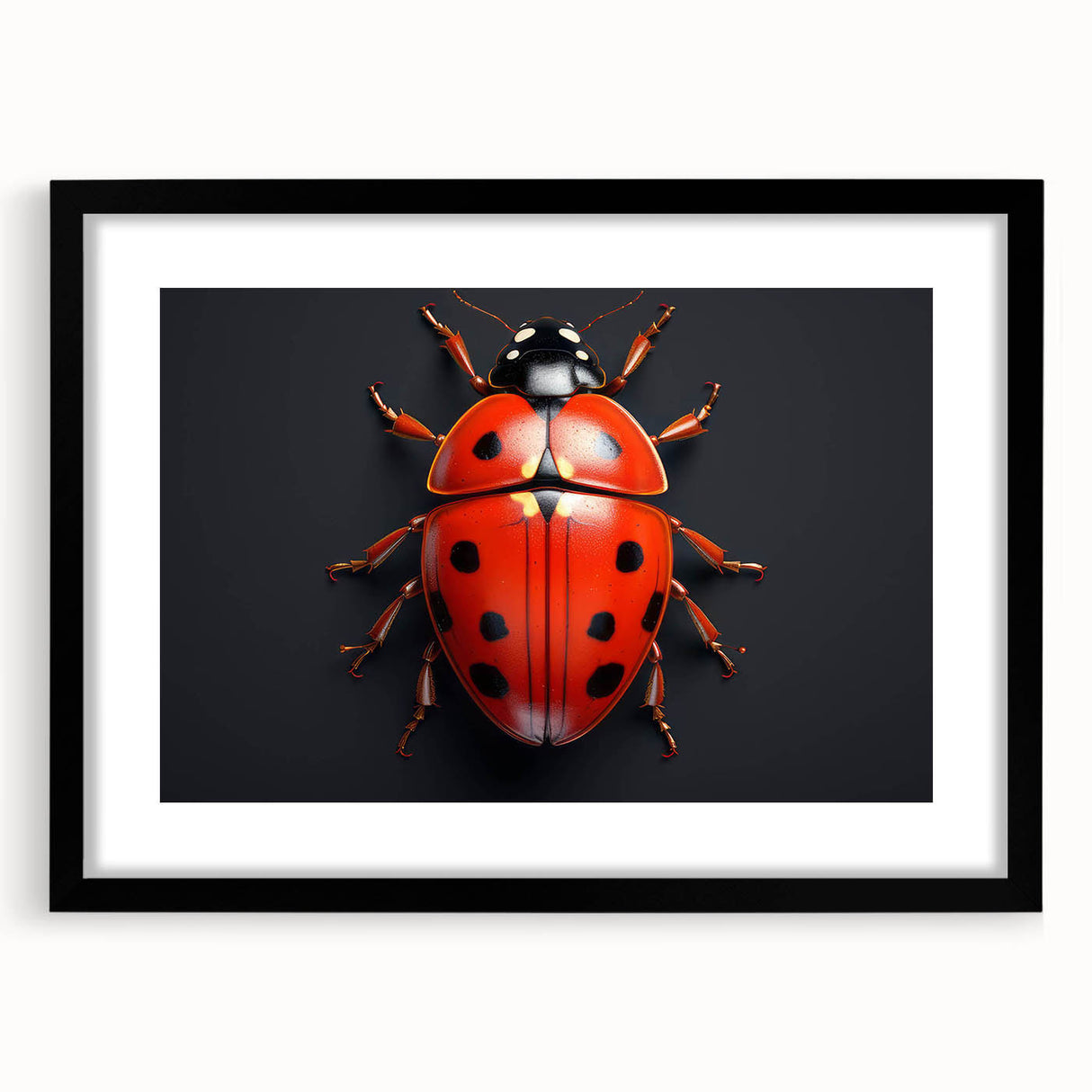 Framed wall art featuring a vibrant ladybug design from the Insect and Arachnid collection, with a sleek black frame and mat, perfect for nature-inspired decor.