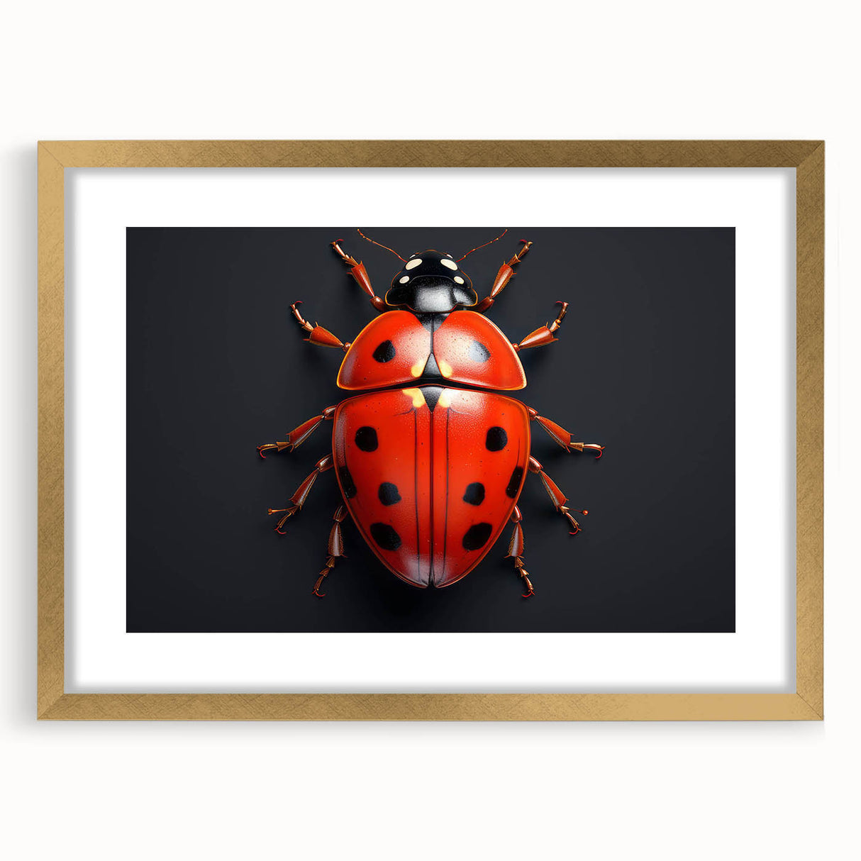 Ladybug-themed wall art framed in gold with a mat, showcasing vibrant colors and intricate details, perfect for nature lovers and home decor enthusiasts.