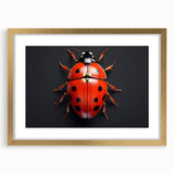 Ladybug-themed wall art framed in gold with a mat, showcasing vibrant colors and intricate details, perfect for nature lovers and home decor enthusiasts.