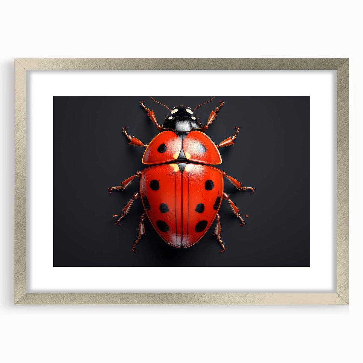 Framed wall art showcasing a colorful ladybug design from the insect and arachnid collection, featuring a sleek silver frame and a white mat, ideal for nature-themed decor.