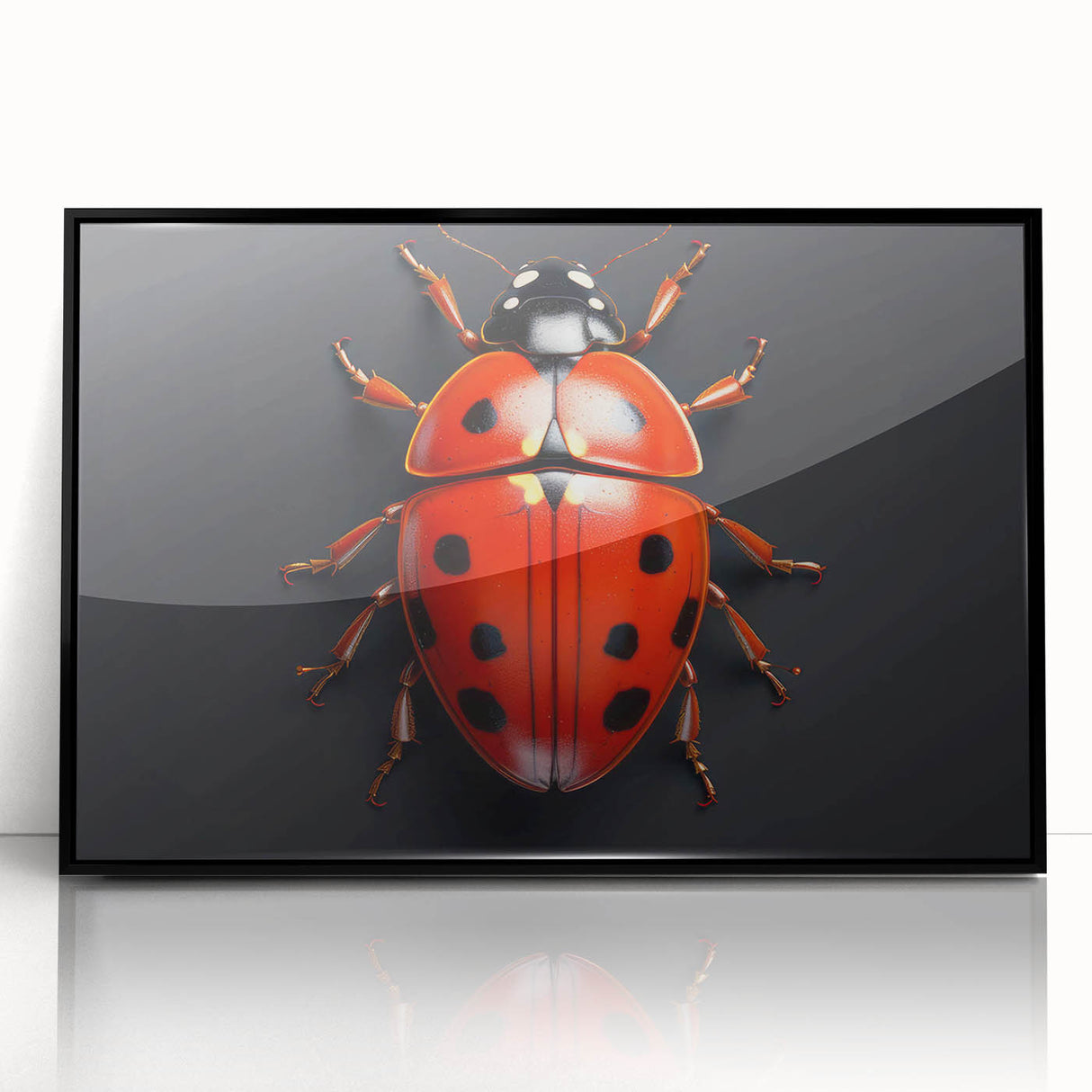 Framed wall art featuring a vibrant ladybug design, showcasing intricate details and bold colors, set against a sleek black frame, perfect for nature-inspired decor.