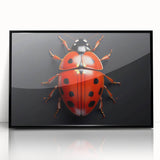 Framed wall art featuring a vibrant ladybug design, showcasing intricate details and bold colors, set against a sleek black frame, perfect for nature-inspired decor.