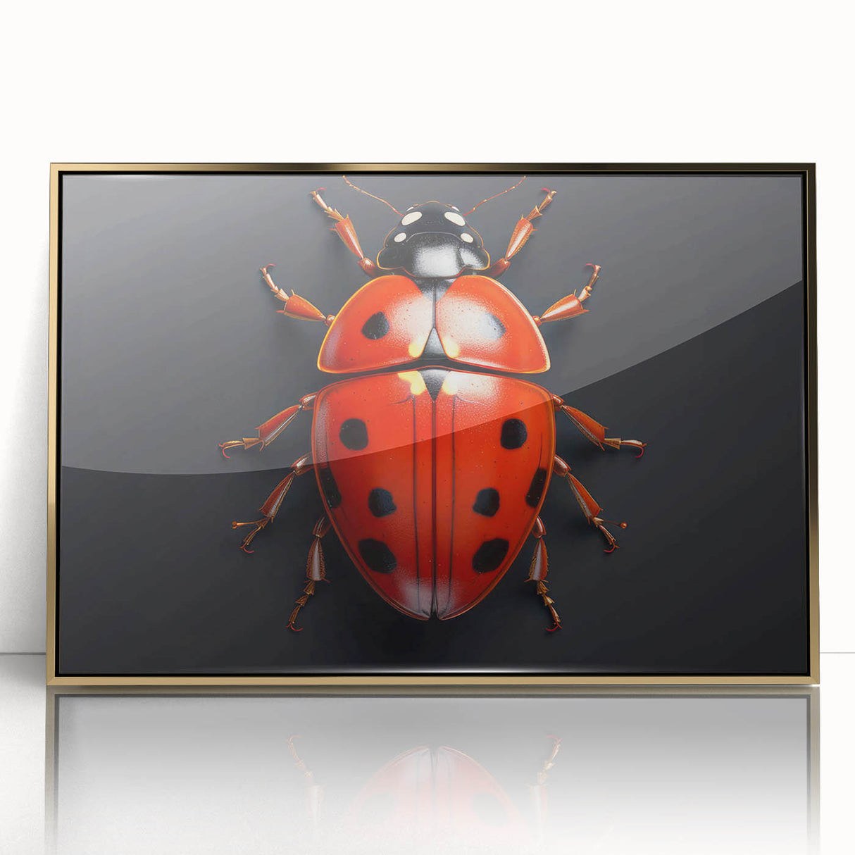 Framed wall art featuring a vibrant ladybug design, showcasing intricate details in red and black against a gold-acrylic background, perfect for nature lovers.