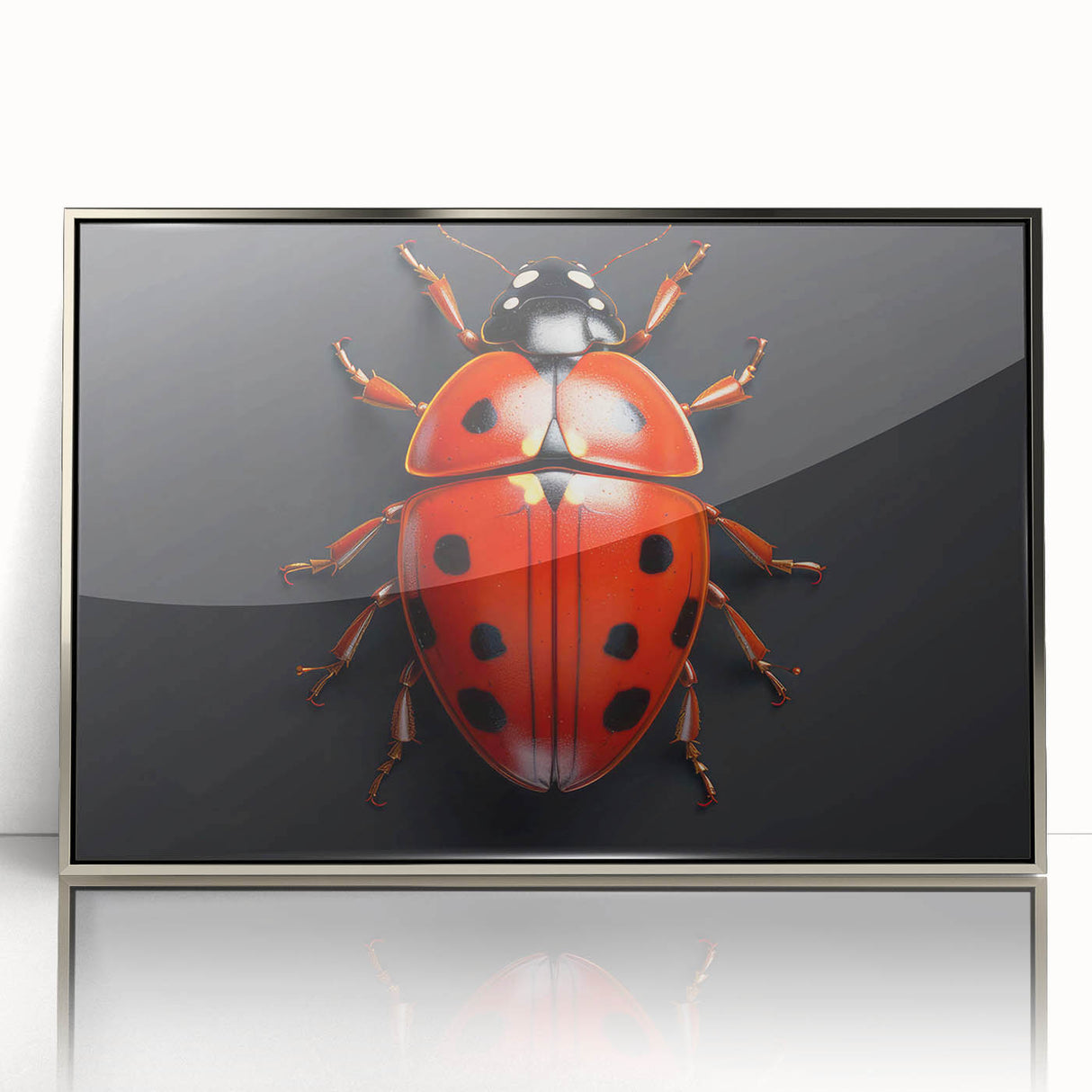 Framed wall art featuring a vibrant ladybug design, showcasing intricate details and a silver acrylic frame, perfect for enhancing home decor with a nature theme.