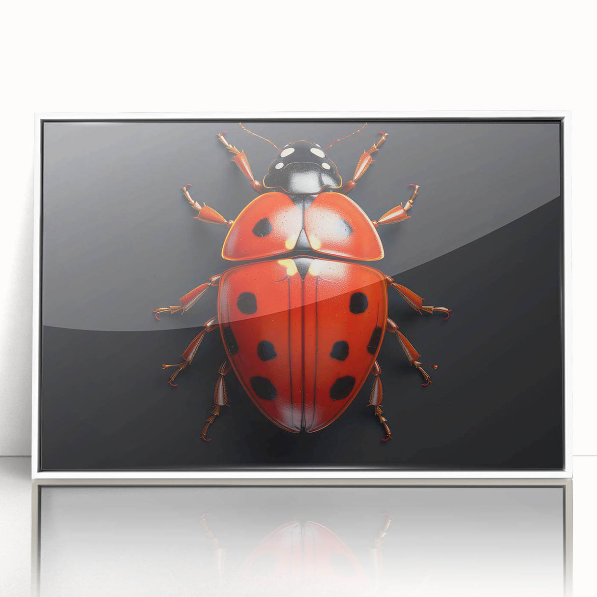 Framed wall art featuring a vibrant ladybug design on a white background, showcasing intricate details and colors, ideal for nature lovers and home decor enthusiasts.