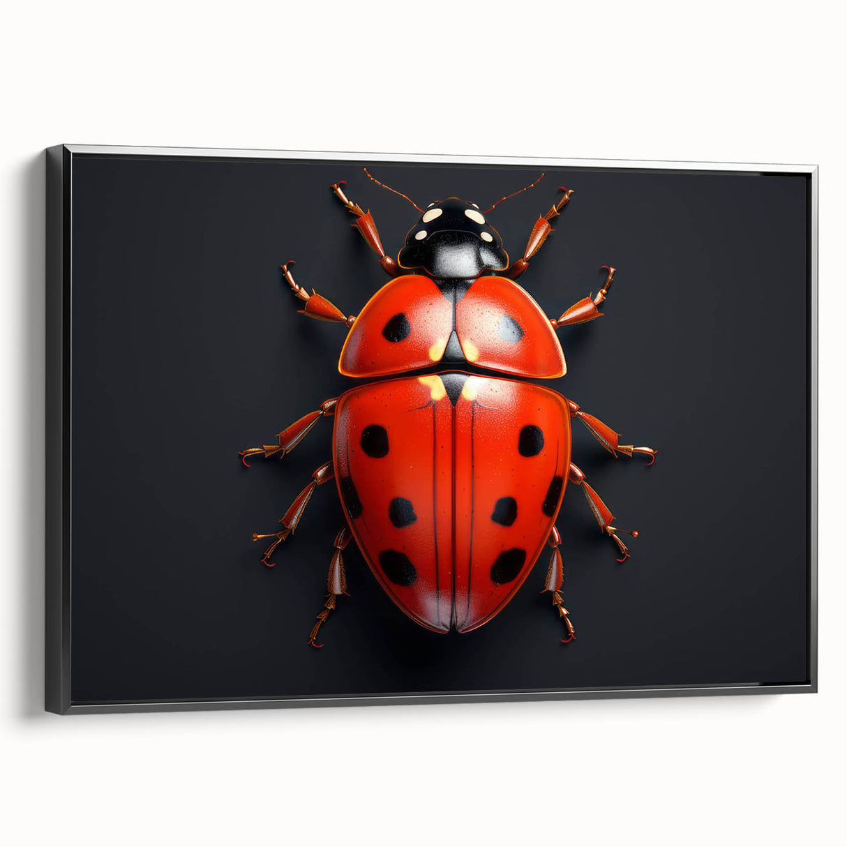 Framed canvas wall art featuring a vibrant ladybug design against a black background, showcasing intricate details and rich colors, perfect for nature enthusiasts.