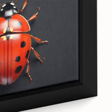 Close-up of a framed canvas wall art showcasing a vibrant ladybug design, emphasizing intricate details and vivid colors, perfect for insect-themed decor.