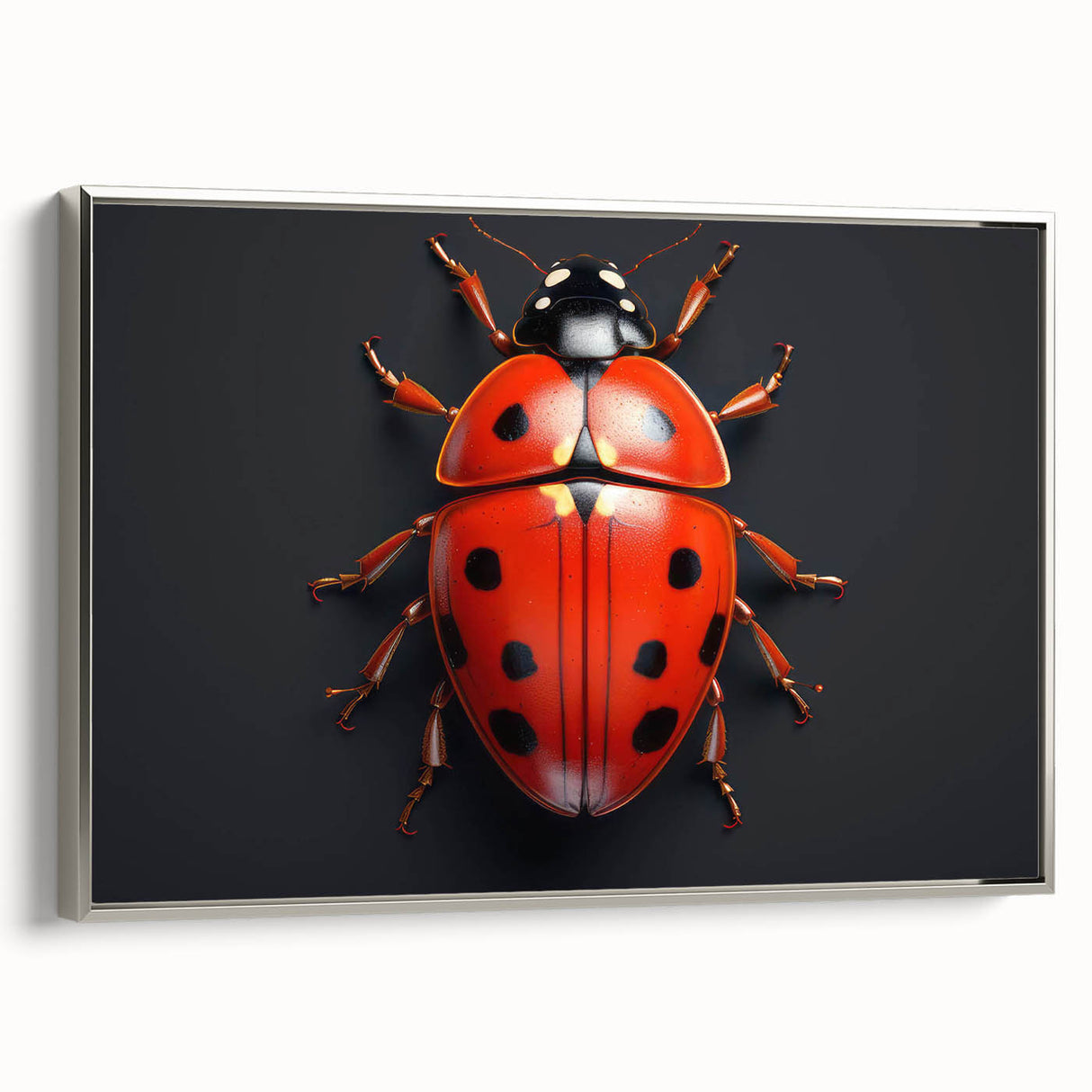 Framed wall art featuring a vibrant ladybug design on canvas, showcasing intricate details and bold colors, perfect for enhancing home decor with nature-inspired themes.