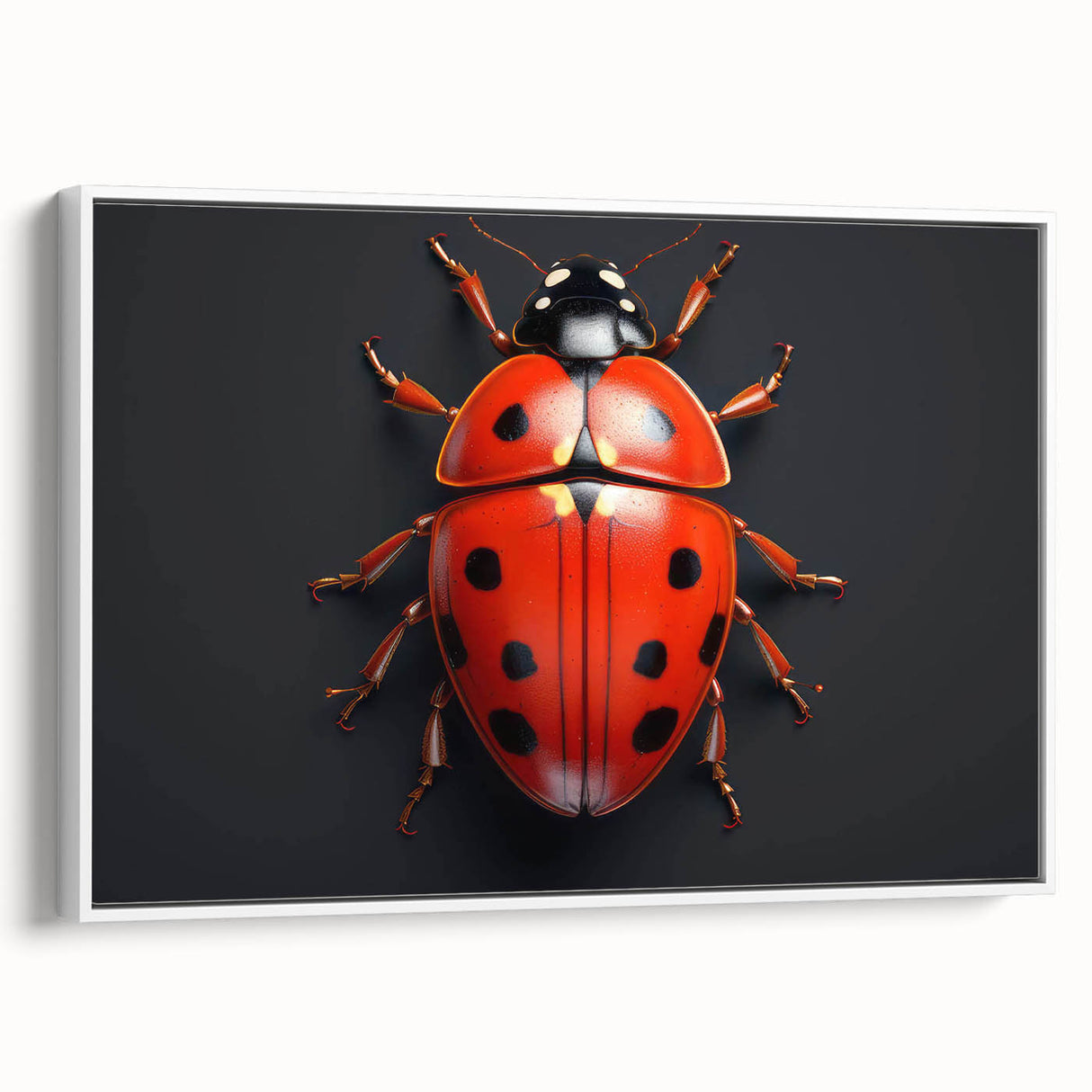 Framed wall art featuring a vibrant ladybug design on canvas, showcasing intricate details and bright colors, set against a white background for a modern decor touch.