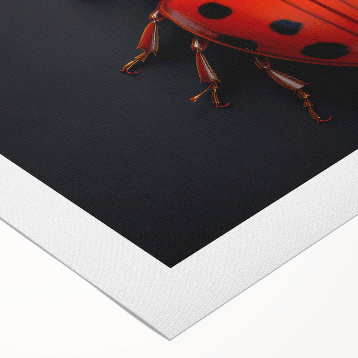 Rolled canvas artwork showcasing a vibrant ladybug design, featuring vivid red and black colors, ideal for insect-themed decor in children's rooms or nature-inspired spaces.