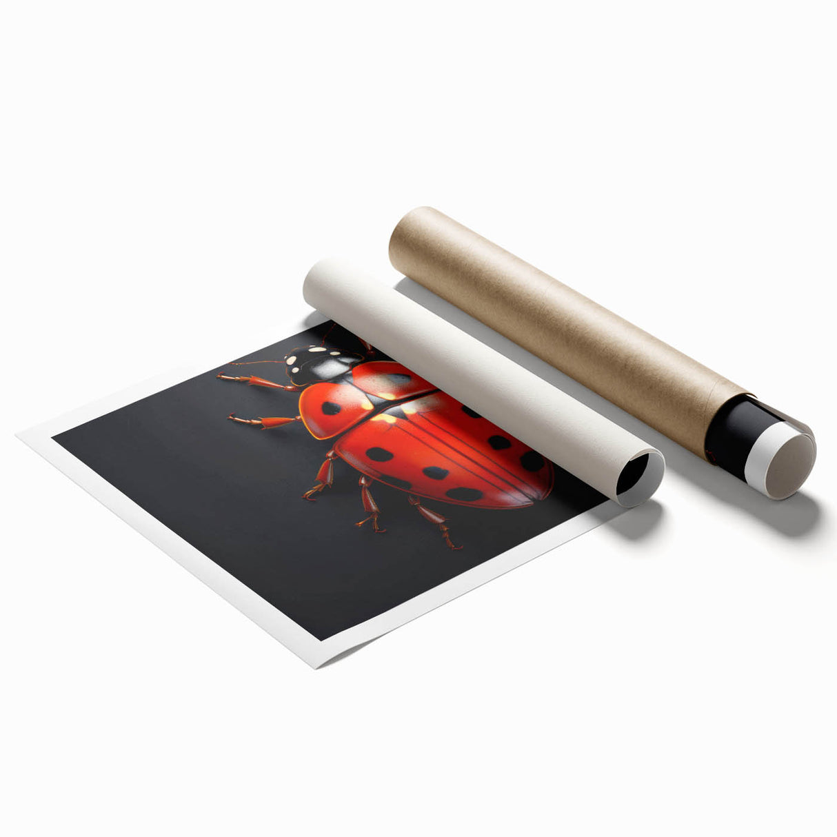 Colorful ladybug wall art print featuring intricate details and vibrant hues, perfect for children's rooms or nature-themed decor, rolled for easy framing.