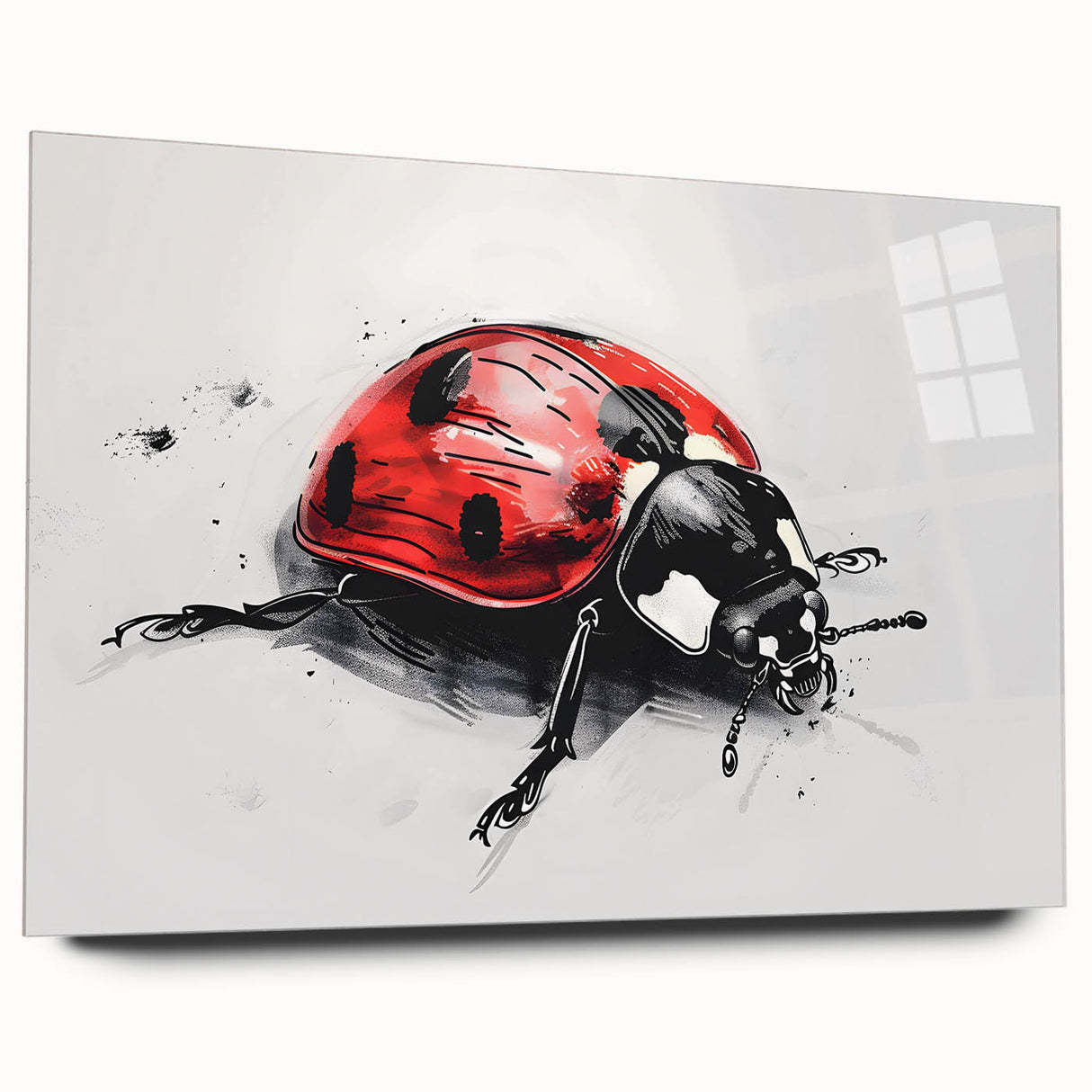 Close-up view of a vibrant acrylic glass wall art piece featuring a colorful ladybug and arachnid design, showcasing intricate details and a contemporary aesthetic, perfect for modern decor.