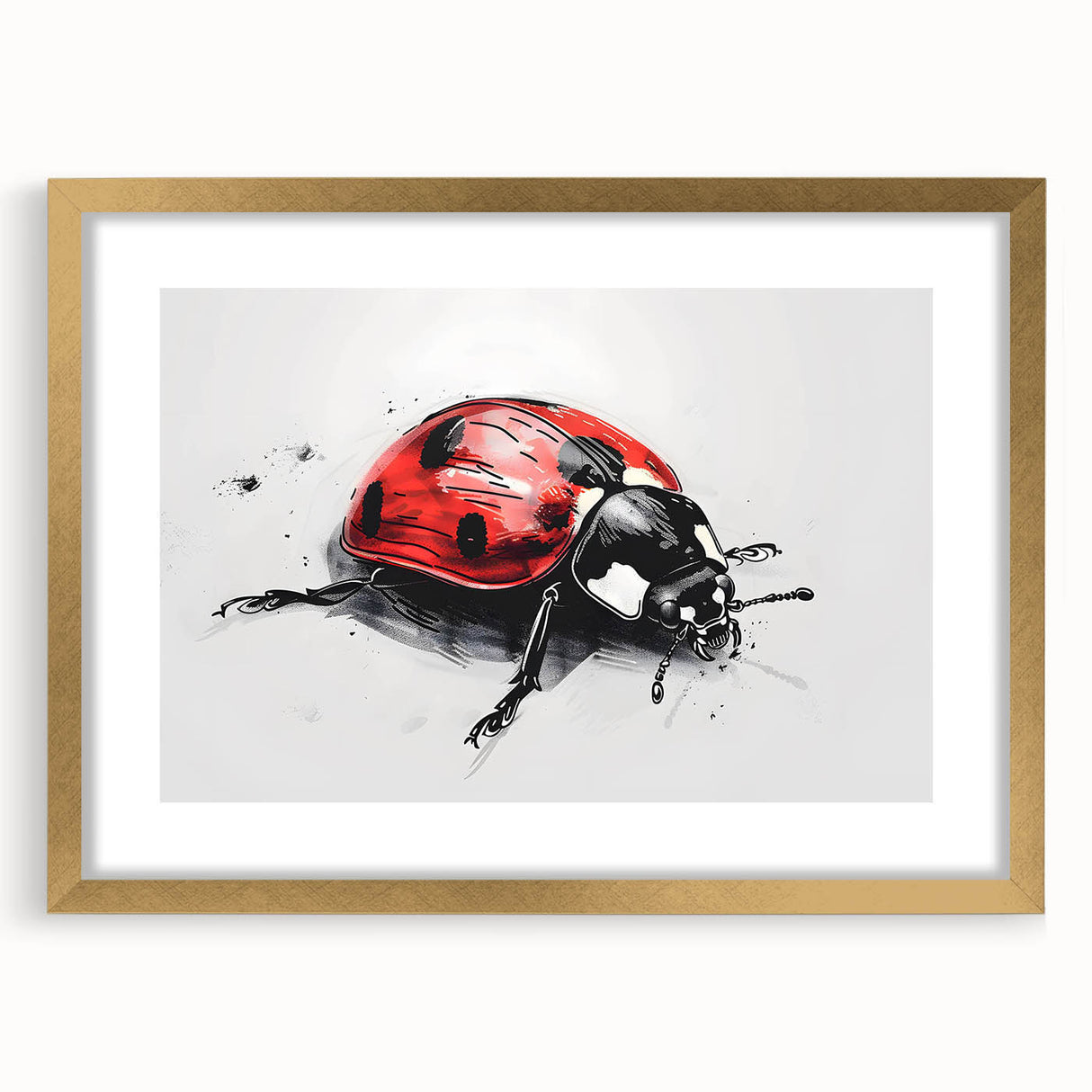 Gold-framed wall art depicting a colorful ladybug design within an elegant mat, perfect for enhancing home decor with nature-inspired aesthetics.