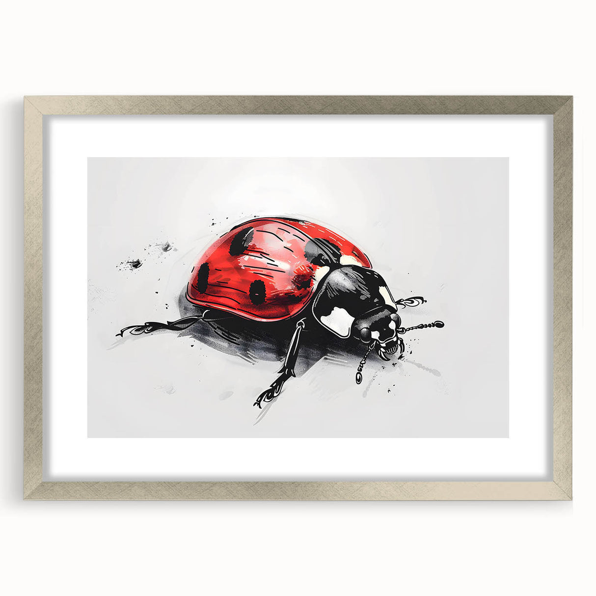 Framed wall art showcasing a vibrant ladybug design from an insect and arachnid collection, featuring a silver mat and frame, perfect for nature enthusiasts.