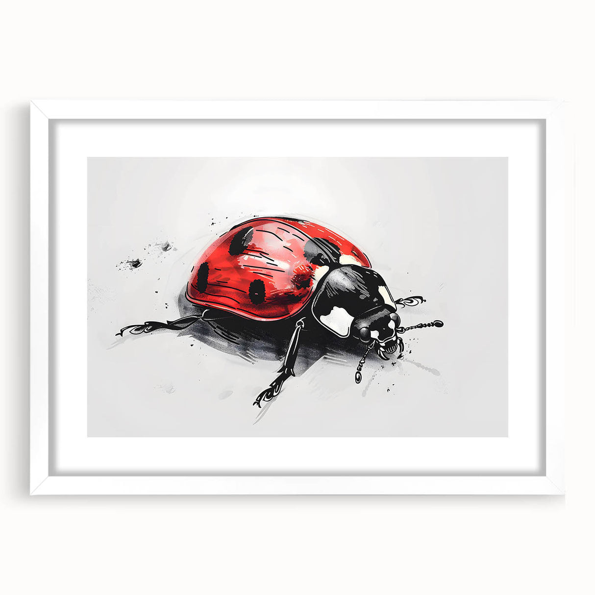 Ladybug-themed wall art collection framed in white with a mat, showcasing intricate insect and arachnid designs, ideal for nature lovers' decor.