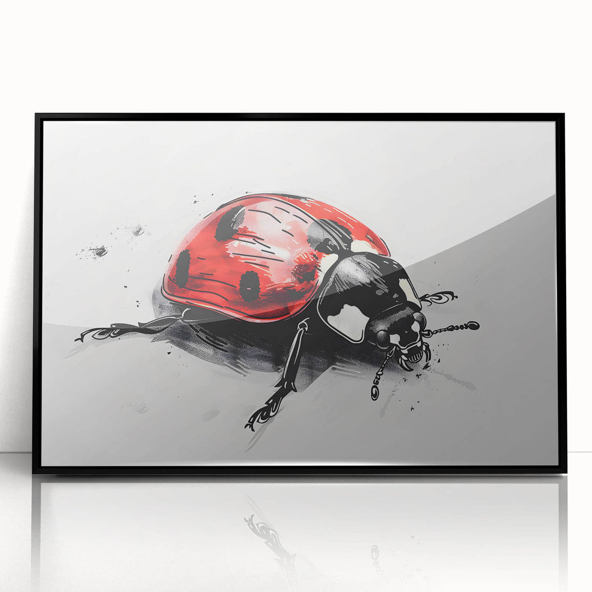 Framed acrylic wall art featuring a vibrant ladybug design, set against a black background, ideal for nature lovers and home decor enthusiasts.