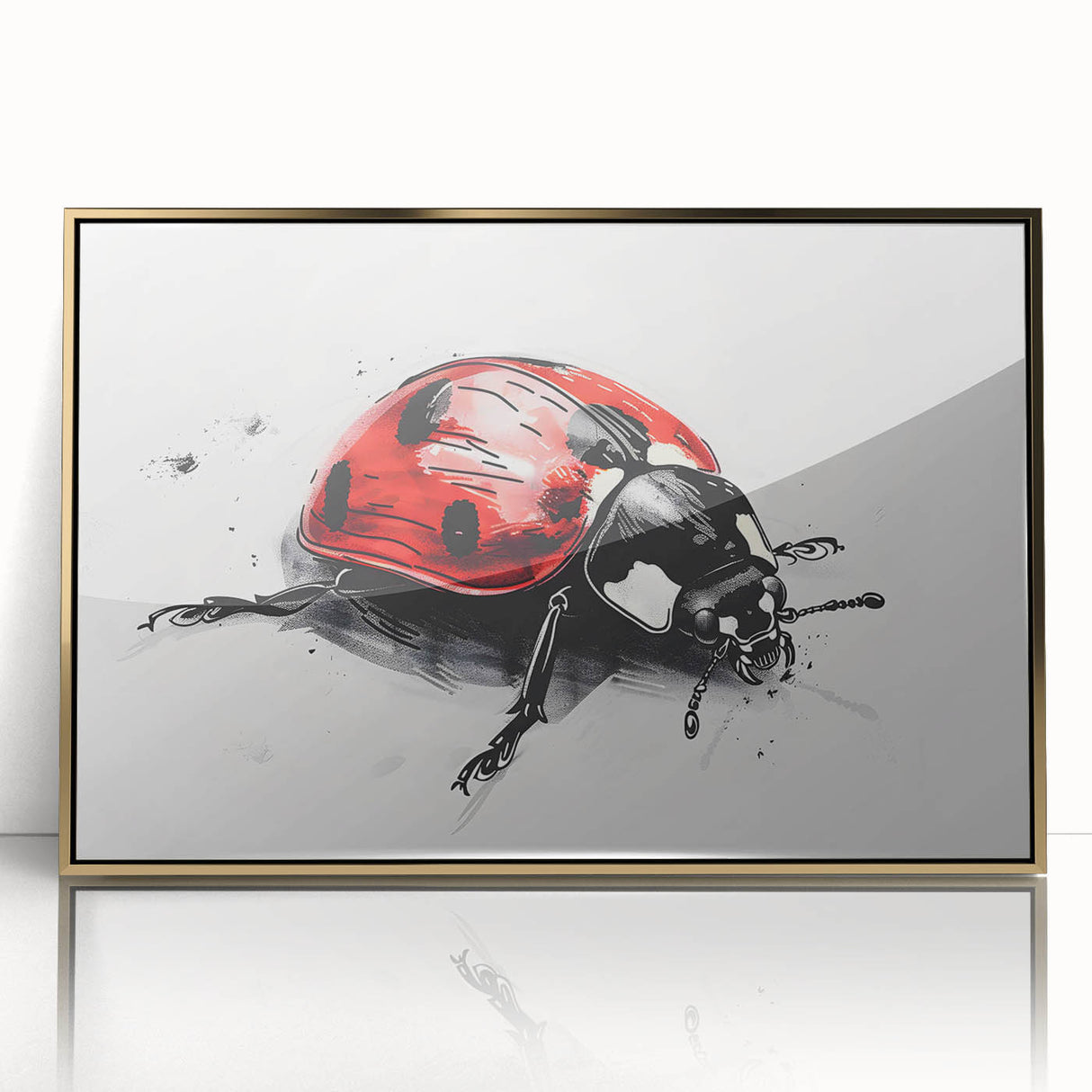 Framed wall art showcasing a vibrant ladybug design with intricate details, set in a stylish gold frame, perfect for adding a whimsical touch to home decor.