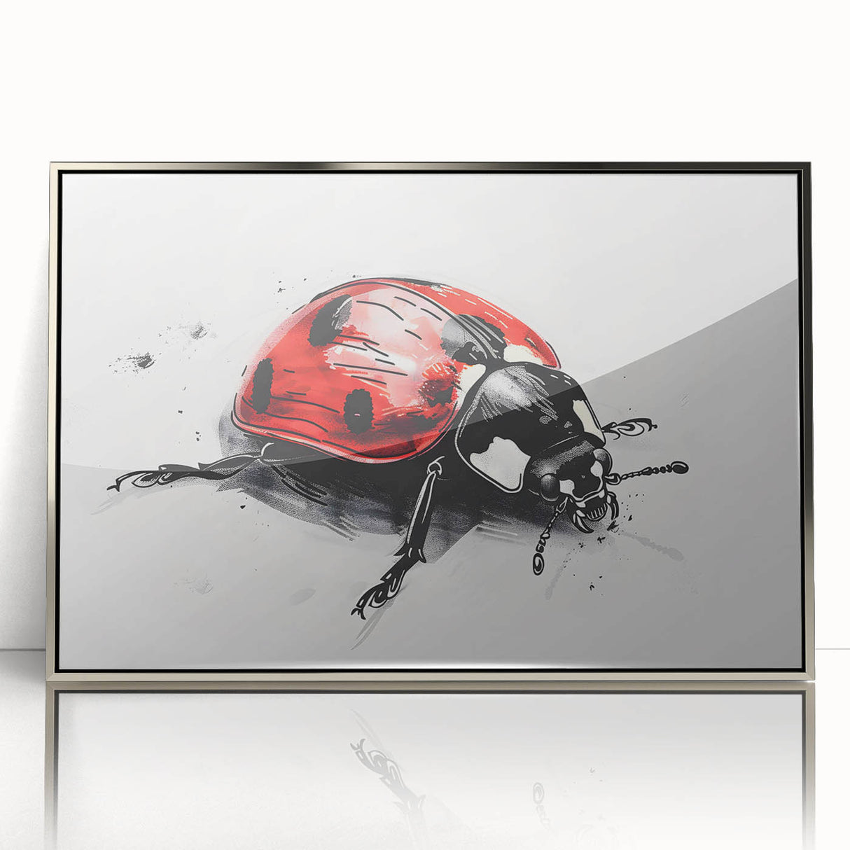 Framed acrylic wall art featuring a vibrant ladybug design in silver tones, showcasing intricate details and textures, perfect for insect lovers' decor.