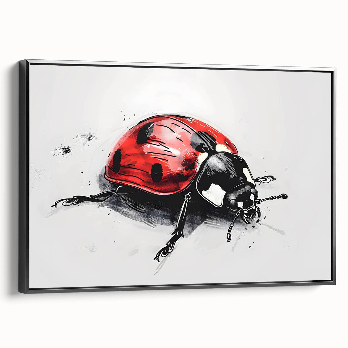Framed canvas wall art showcasing a vibrant ladybug design in a contemporary style, set against a black background. Ideal for insect lovers and modern decor enthusiasts.