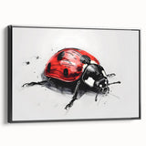 Framed canvas wall art showcasing a vibrant ladybug design in a contemporary style, set against a black background. Ideal for insect lovers and modern decor enthusiasts.