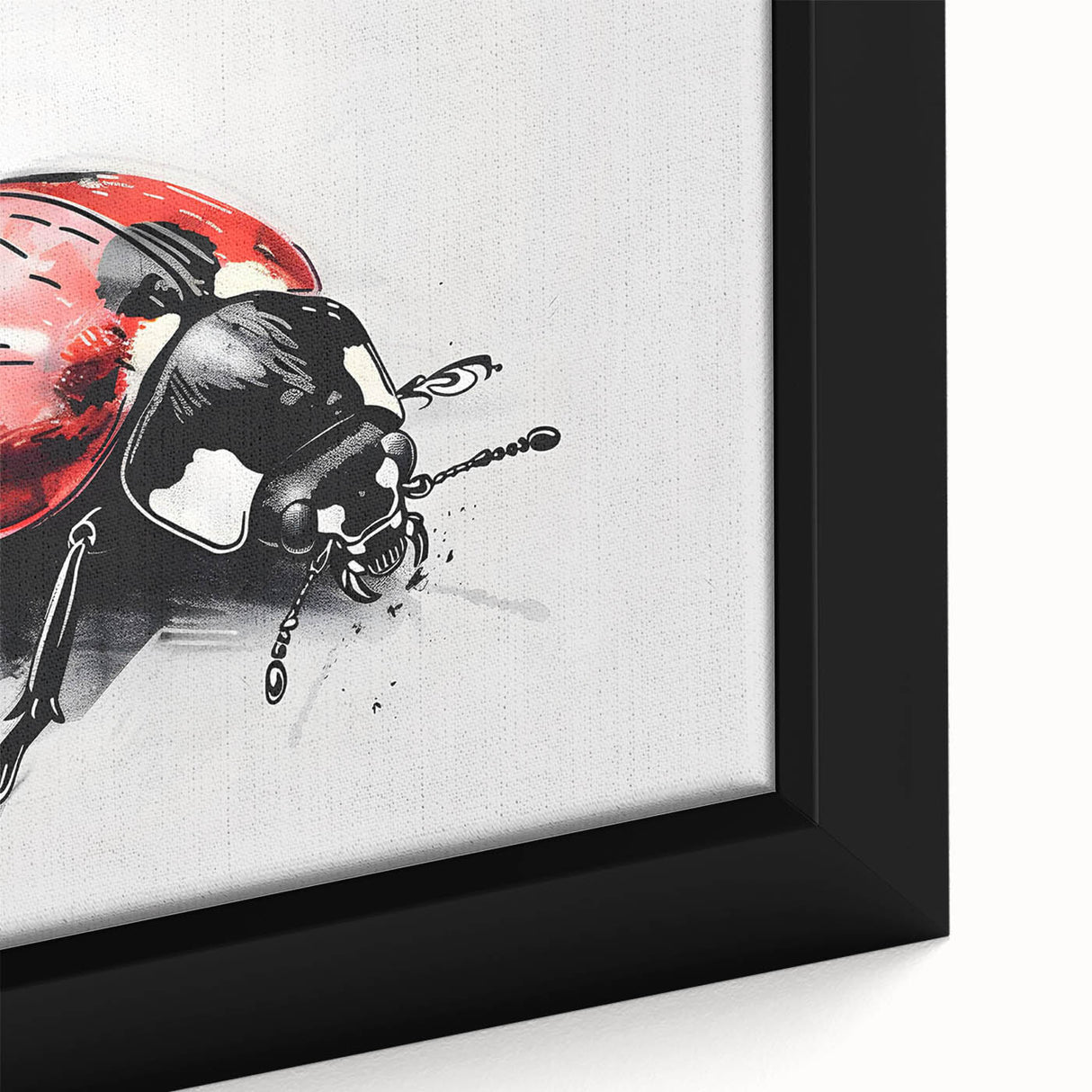 Close-up of a framed canvas wall art featuring a detailed ladybug design, showcasing vibrant colors and intricate patterns, perfect for nature-inspired decor.