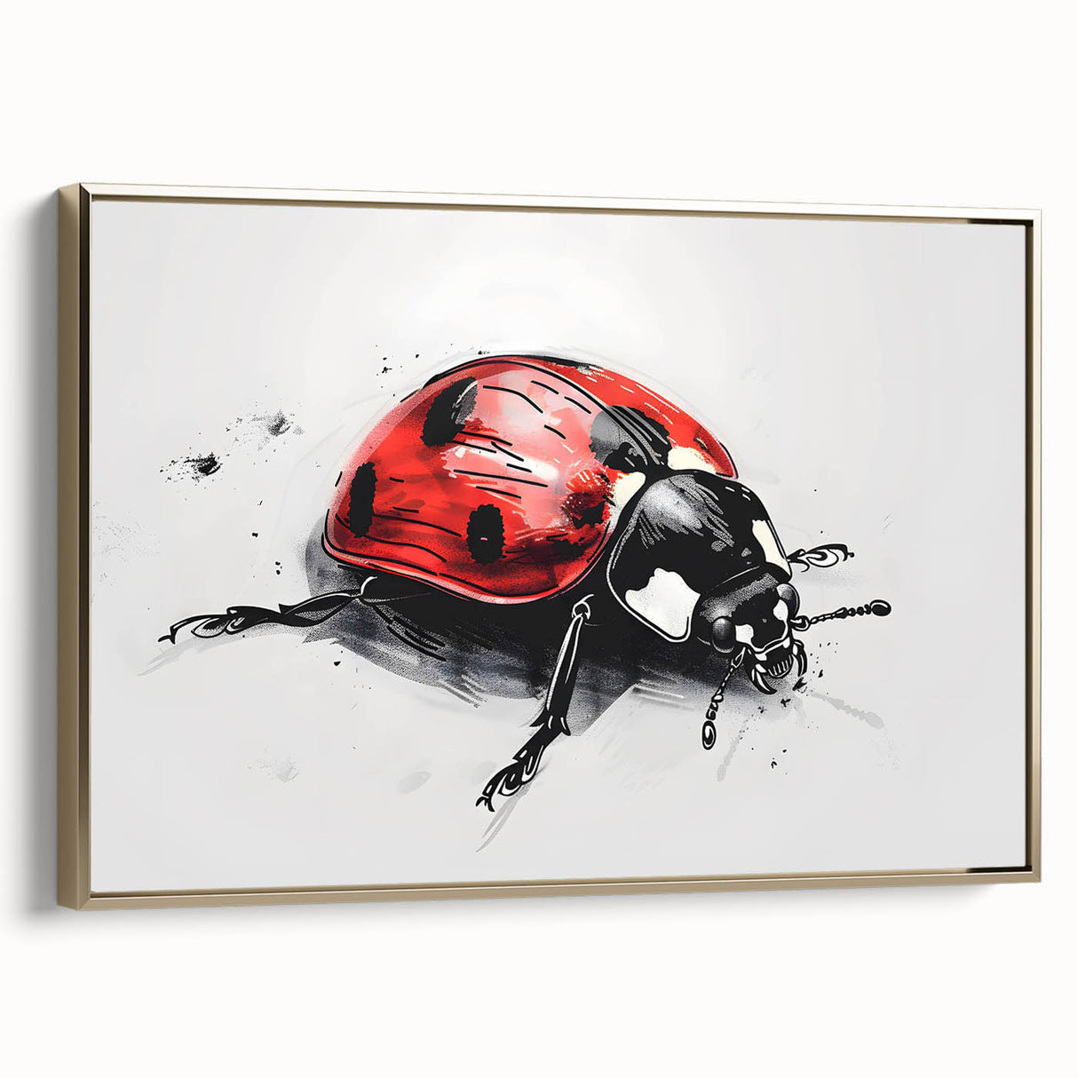 Framed canvas wall art showcasing a vibrant ladybug design with a gold frame, perfect for adding a colorful touch to home decor. Ideal for insect enthusiasts.