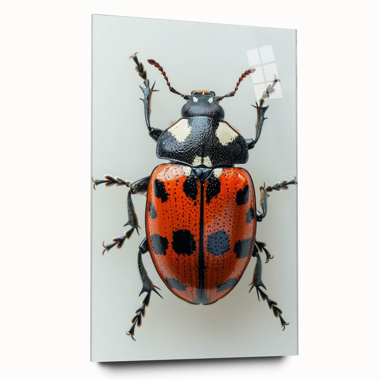 Colorful acrylic glass wall art showcasing a detailed ladybug design from the Insect and Arachnid collection, displayed in a modern side view without pins.