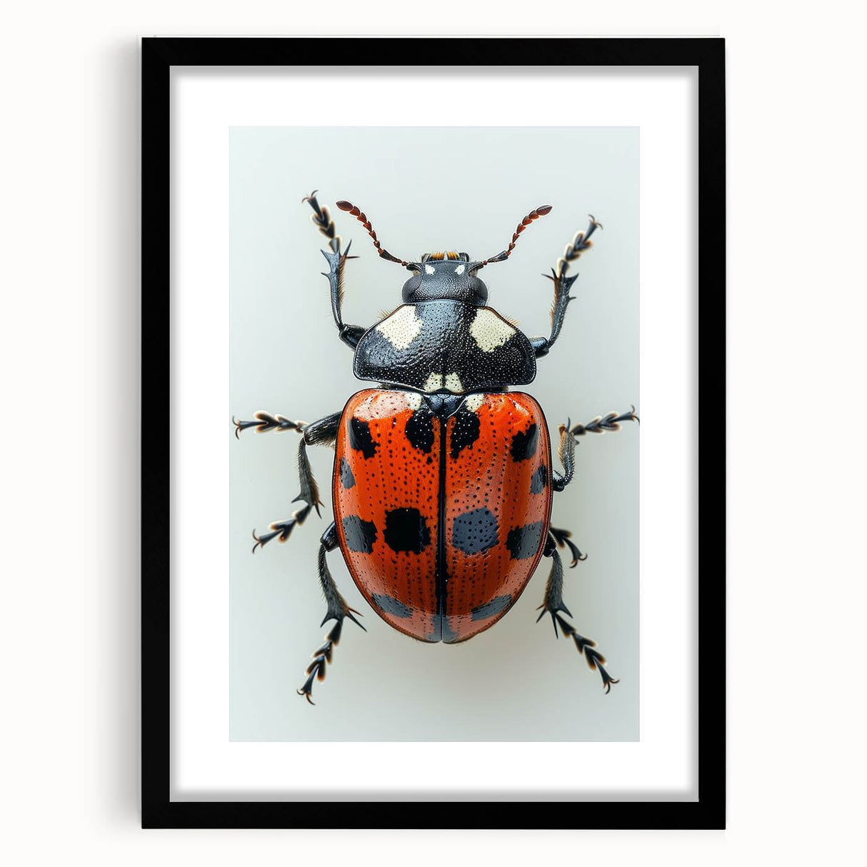 Framed wall art collection featuring a vibrant ladybug design on a black mat, showcasing intricate insect and arachnid illustrations, perfect for nature enthusiasts.
