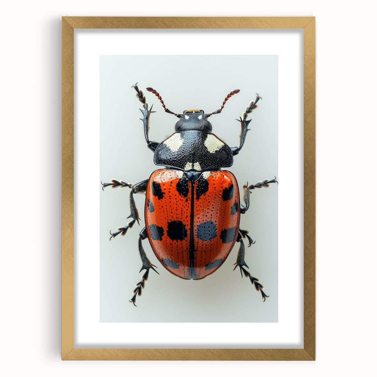 Framed wall art collection featuring a vibrant ladybug design, set in a gold frame with a mat, ideal for insect-themed decor, enhancing any living space.